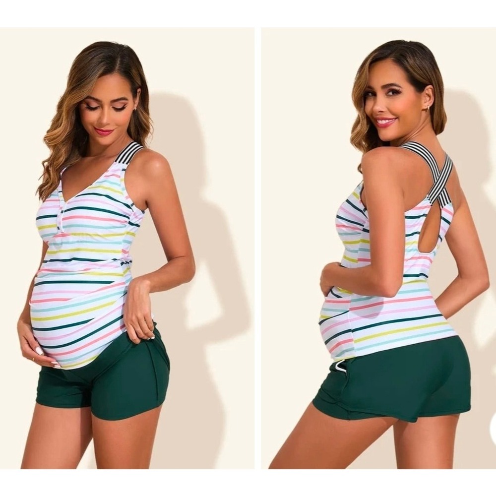 Summer Mae Maternity Swim Top 16 White Striped Tankini Preppy Boho Beachwear